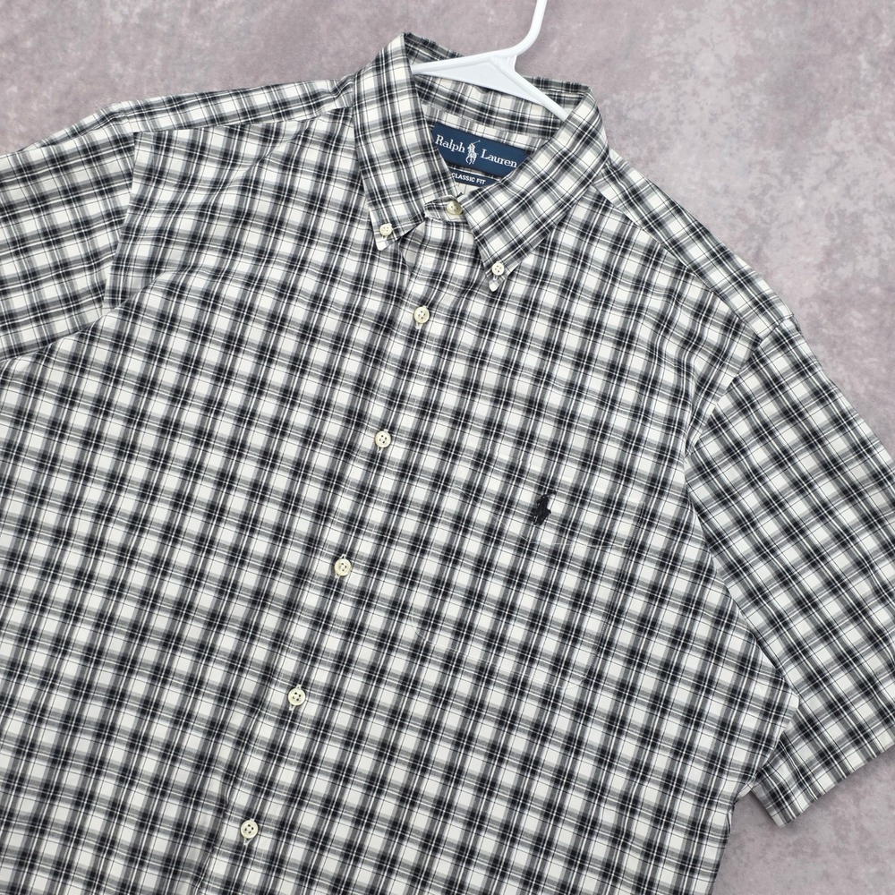Ralph Lauren Short Sleeve Plaid Button Down Shirt Mens L Classic Fit Black White